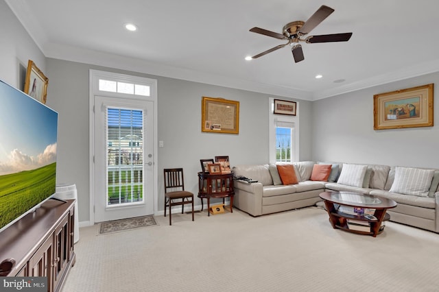 20920 Houseman Ter, Ashburn, VA 20148 - carpeted living area with crown molding, baseboards, a ceiling fan, and recessed lighting