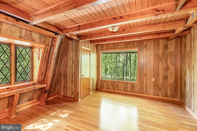 interior space with light wood-style flooring, wood ceiling, wooden walls, and beamed ceiling