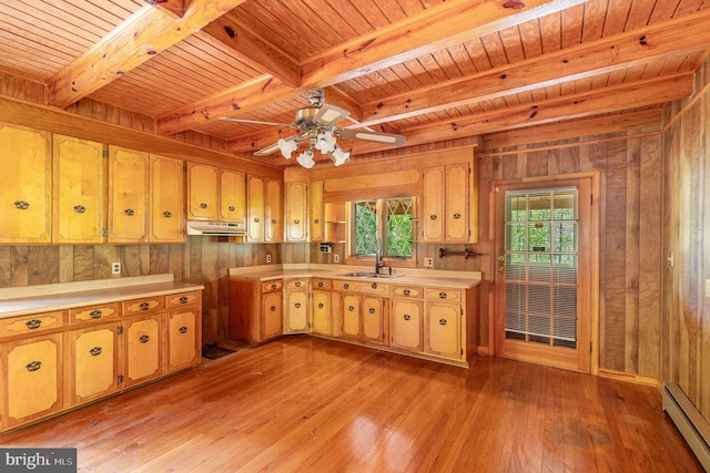 kitchen with wooden ceiling, a baseboard heating unit, wooden walls, under cabinet range hood, and light wood-style flooring