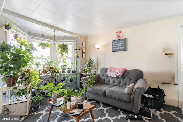 living room featuring ornamental molding
