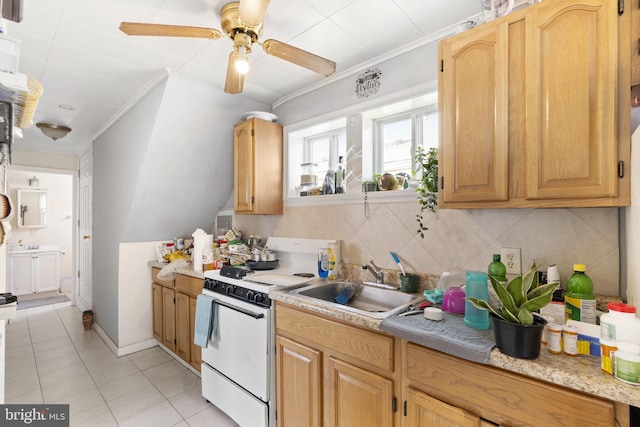 kitchen featuring a sink, light countertops, white range with electric cooktop, light tile patterned floors, and tasteful backsplash
