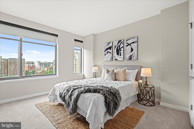 carpeted bedroom with baseboards, multiple windows, and a city view