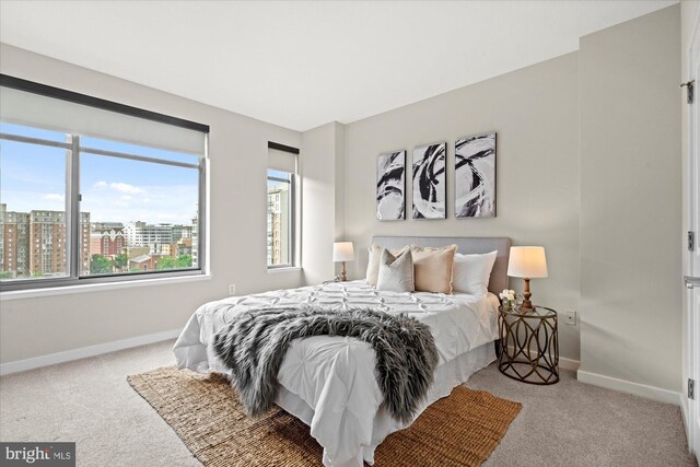 475 K St NW Unit 817, Washington, DC 20001 - carpeted bedroom with baseboards, multiple windows, and a city view