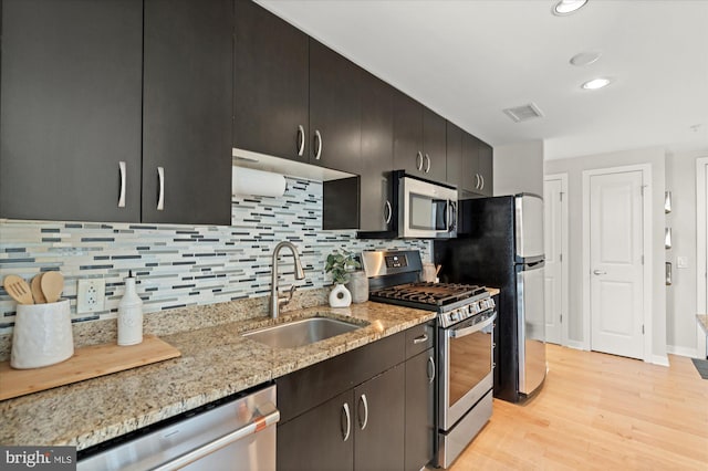 kitchen featuring appliances with stainless steel finishes, tasteful backsplash, light stone countertops, a sink, and light wood finished floors