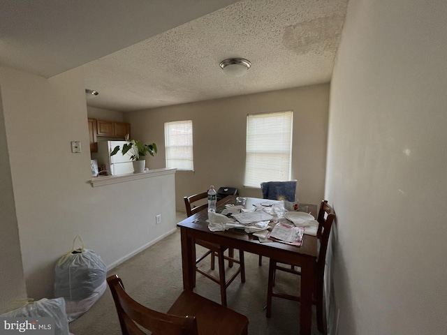 dining room featuring carpet floors, a textured ceiling, and baseboards
