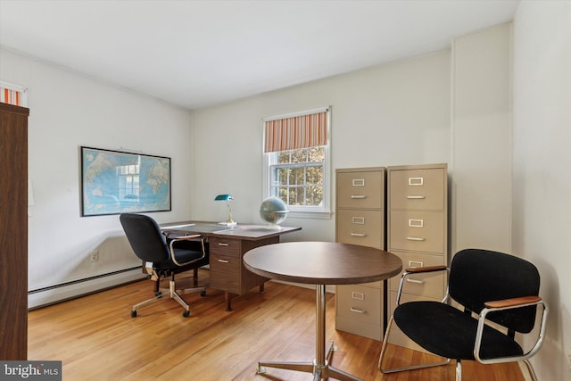 office with light wood-style floors and a baseboard radiator