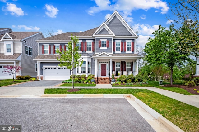 6354 Islington St, Middle River, MD 21220 - view of property with a garage, covered porch, asphalt driveway, a shingled roof, and a front yard