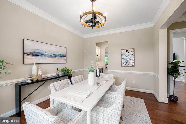 6354 Islington St, Middle River, MD 21220 - dining area featuring a chandelier, crown molding, dark wood-style flooring, and baseboards