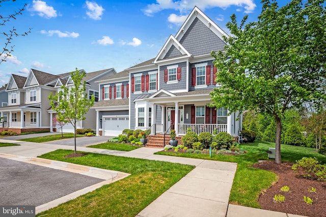 6354 Islington St, Middle River, MD 21220 - townhome / multi-family property featuring covered porch, concrete driveway, a garage, a front yard, and a residential view