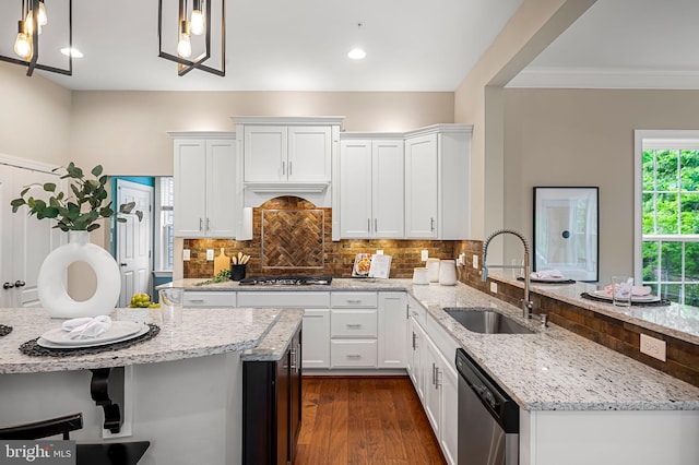 6354 Islington St, Middle River, MD 21220 - kitchen featuring a sink, appliances with stainless steel finishes, a peninsula, white cabinets, and tasteful backsplash