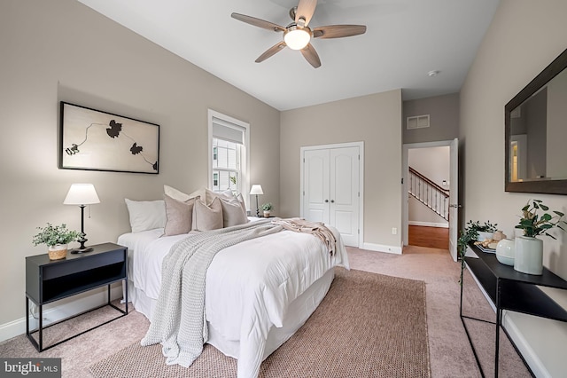 6354 Islington St, Middle River, MD 21220 - bedroom with light colored carpet, a closet, baseboards, and a ceiling fan