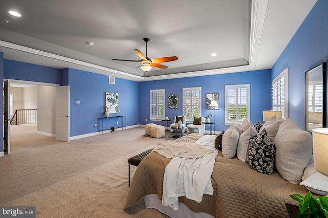 6354 Islington St, Middle River, MD 21220 - carpeted bedroom with a tray ceiling, baseboards, recessed lighting, and a ceiling fan