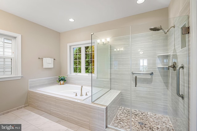 6354 Islington St, Middle River, MD 21220 - full bathroom with a stall shower, a bath, baseboards, and recessed lighting