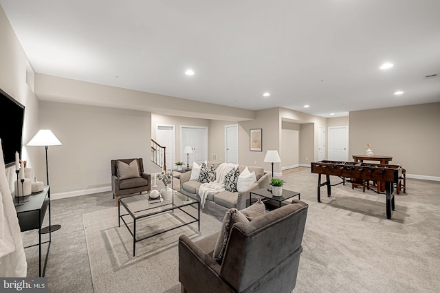 6354 Islington St, Middle River, MD 21220 - living area featuring recessed lighting, stairs, light colored carpet, and baseboards
