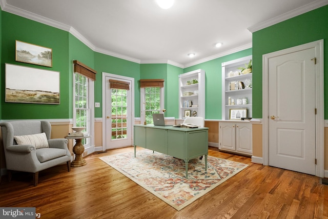 12850 Salmon Run Ct, Manassas, VA 20112 - office featuring baseboards, light wood-style flooring, crown molding, and built in shelves