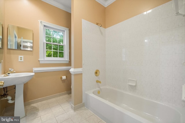 12850 Salmon Run Ct, Manassas, VA 20112 - bathroom with shower / bathing tub combination, tile patterned flooring, ornamental molding, and baseboards