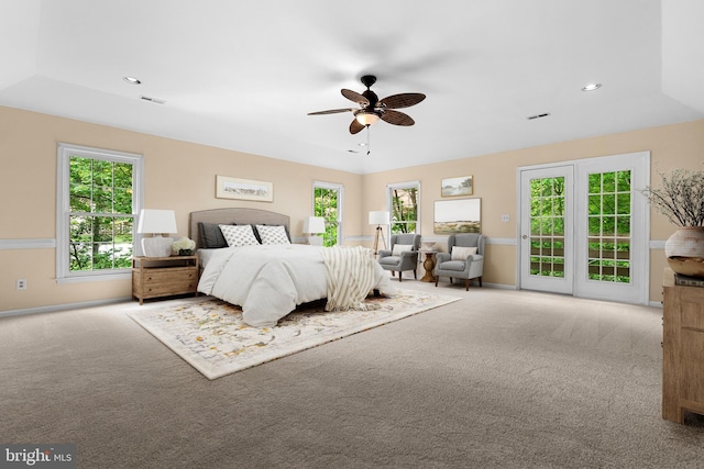 12850 Salmon Run Ct, Manassas, VA 20112 - bedroom featuring visible vents, ceiling fan, carpet flooring, baseboards, and access to exterior