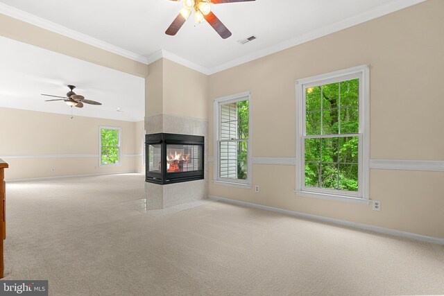 12850 Salmon Run Ct, Manassas, VA 20112 - unfurnished living room with a ceiling fan, baseboards, carpet flooring, visible vents, and a fireplace
