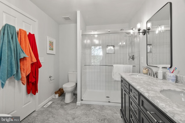 bathroom with visible vents, double vanity, toilet, a sink, and a stall shower