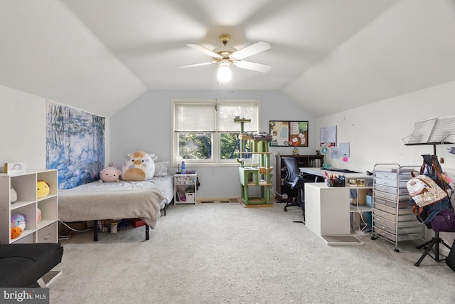 carpeted bedroom featuring a ceiling fan and lofted ceiling