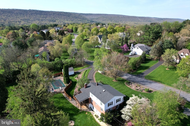 bird's eye view with a wooded view