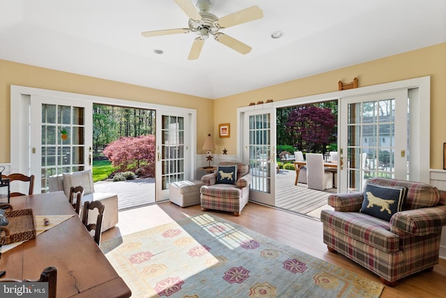 doorway to outside with french doors, ceiling fan, and wood finished floors