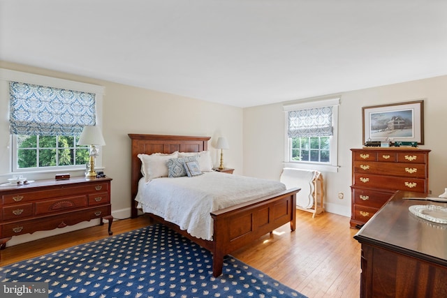 bedroom featuring multiple windows and light wood finished floors