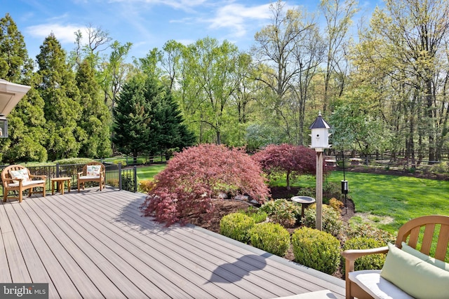 wooden terrace with fence and a yard