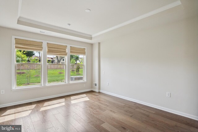 unfurnished room featuring ornamental molding, a raised ceiling, and wood finished floors
