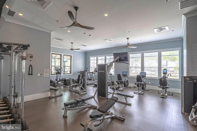 gym featuring recessed lighting, ornamental molding, baseboards, and ceiling fan