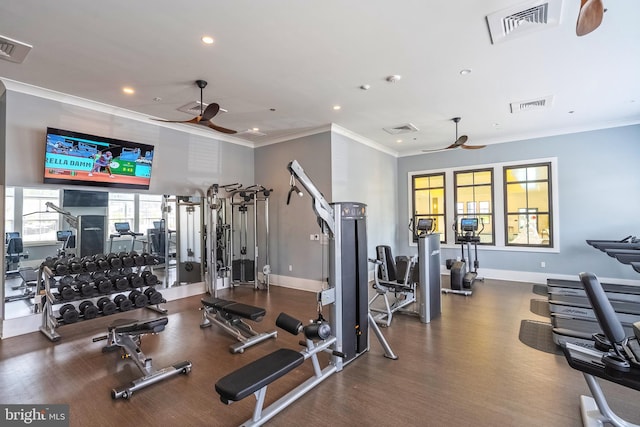 gym featuring a ceiling fan, visible vents, and recessed lighting