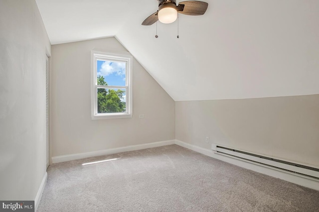 5018 Quimby Ave, Beltsville, MD 20705 - additional living space with a baseboard heating unit, lofted ceiling, carpet, baseboards, and a ceiling fan