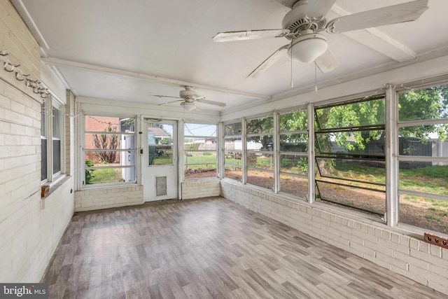 unfurnished sunroom featuring ceiling fan
