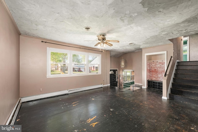 unfurnished living room with baseboards, ceiling fan, a wealth of natural light, and a baseboard radiator