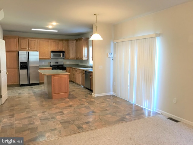 3 Hot Springs Way, Stafford, VA 22554 - kitchen with a kitchen island, baseboards, appliances with stainless steel finishes, and visible vents