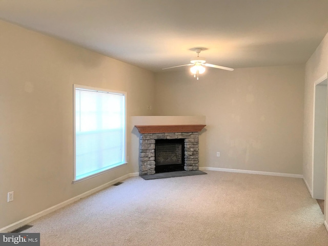 3 Hot Springs Way, Stafford, VA 22554 - unfurnished living room with ceiling fan, visible vents, a fireplace, baseboards, and carpet