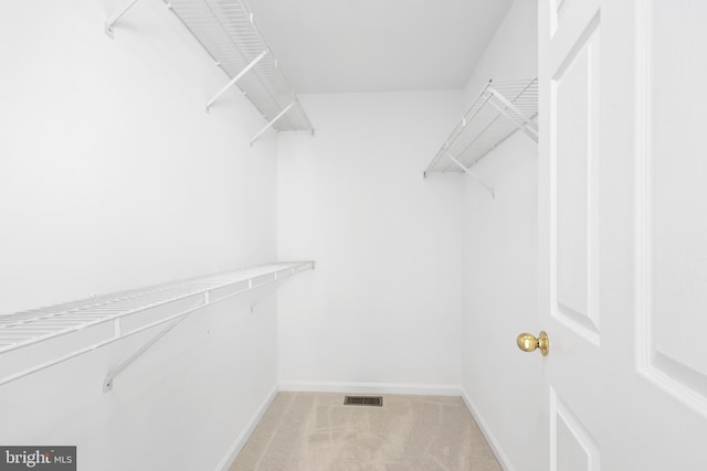 walk in closet with light carpet