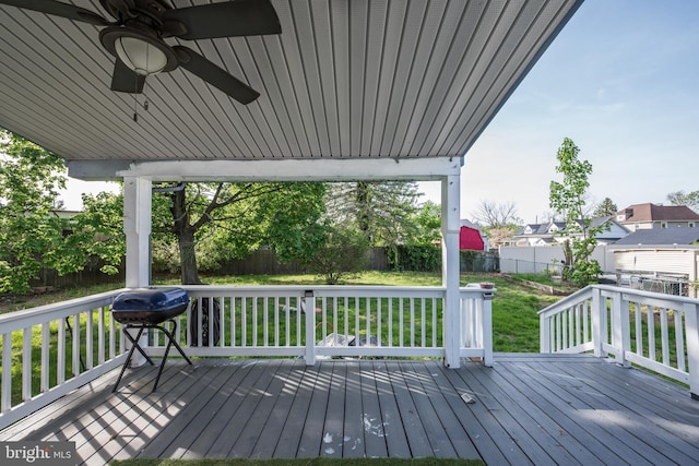 322-324 Washington Ave, Laurel Springs, NJ 08021 - deck with a fenced backyard, a ceiling fan, a lawn, and grilling area