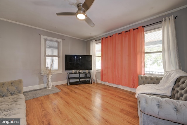 322-324 Washington Ave, Laurel Springs, NJ 08021 - living room featuring ceiling fan, ornamental molding, baseboards, and light wood-type flooring