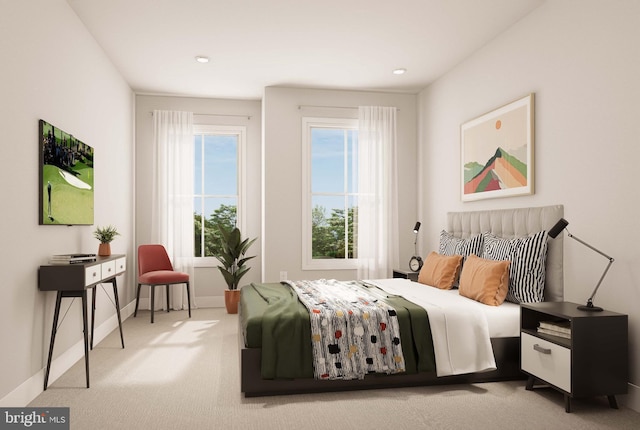 bedroom with baseboards, recessed lighting, and carpet
