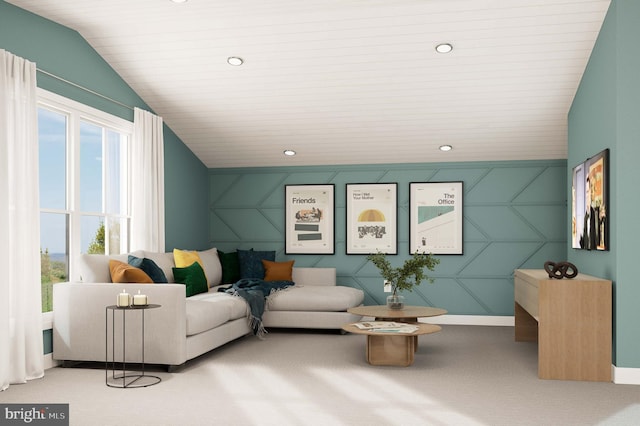 carpeted living room featuring a wealth of natural light, recessed lighting, and lofted ceiling