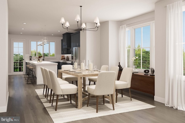 dining space with an inviting chandelier, recessed lighting, dark wood finished floors, and baseboards