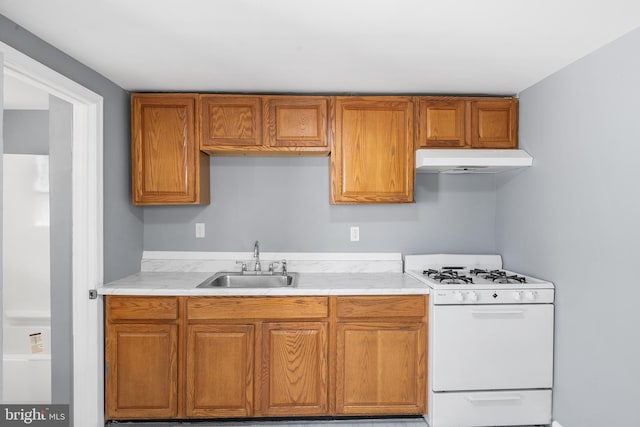 kitchen featuring brown cabinets, a sink, light countertops, under cabinet range hood, and white range with gas cooktop