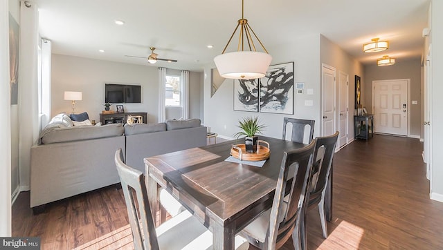 dining area with recessed lighting, baseboards, ceiling fan, and dark wood-style floors