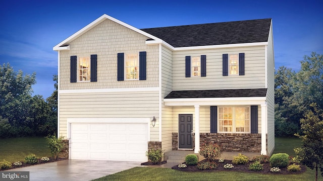 view of front facade featuring roof with shingles, a front lawn, concrete driveway, an attached garage, and stone siding