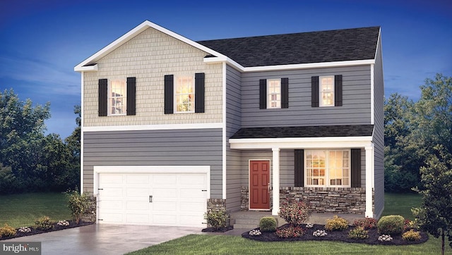 view of front of home featuring an attached garage, concrete driveway, a front yard, and stone siding
