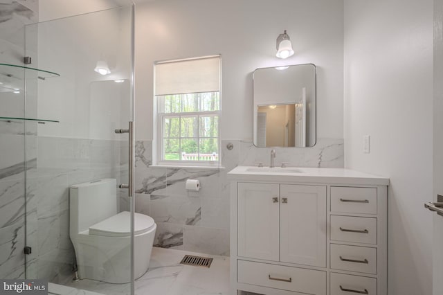 full bathroom with visible vents, marble finish floor, a marble finish shower, and tile walls