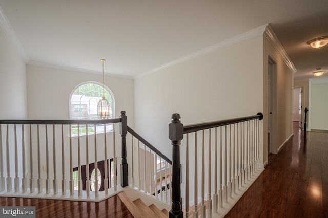 corridor featuring ornamental molding, a chandelier, wood finished floors, and an upstairs landing