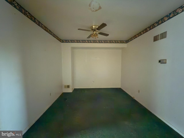 unfurnished room featuring ceiling fan, concrete floors, and visible vents