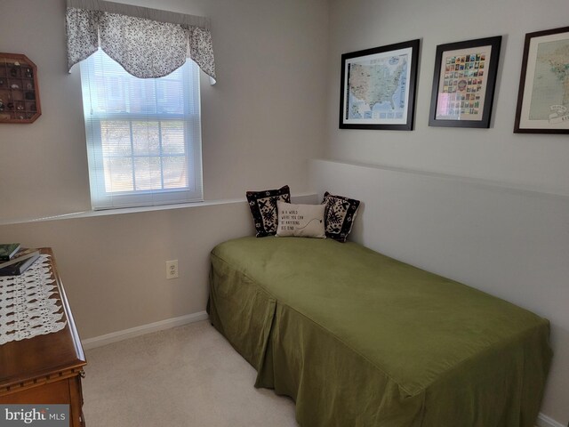 bedroom featuring baseboards and light carpet